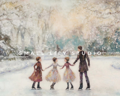 FRAME TV art Family Ice Skating in Winter Landscape, Samsung Frame tv art retro vintage style painting winter holidays fun with kids | TV453