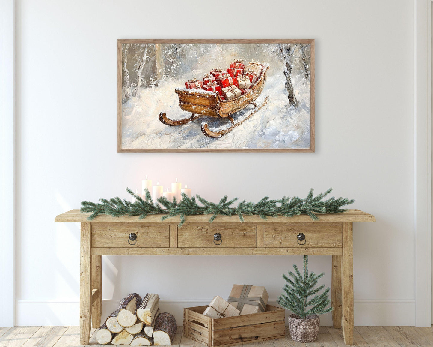 FRAME TV art Gifts in Winter Sleigh, Christmas Frame tv picture, Samsung Frame tv art festive vintage style sleigh with presents | TV552