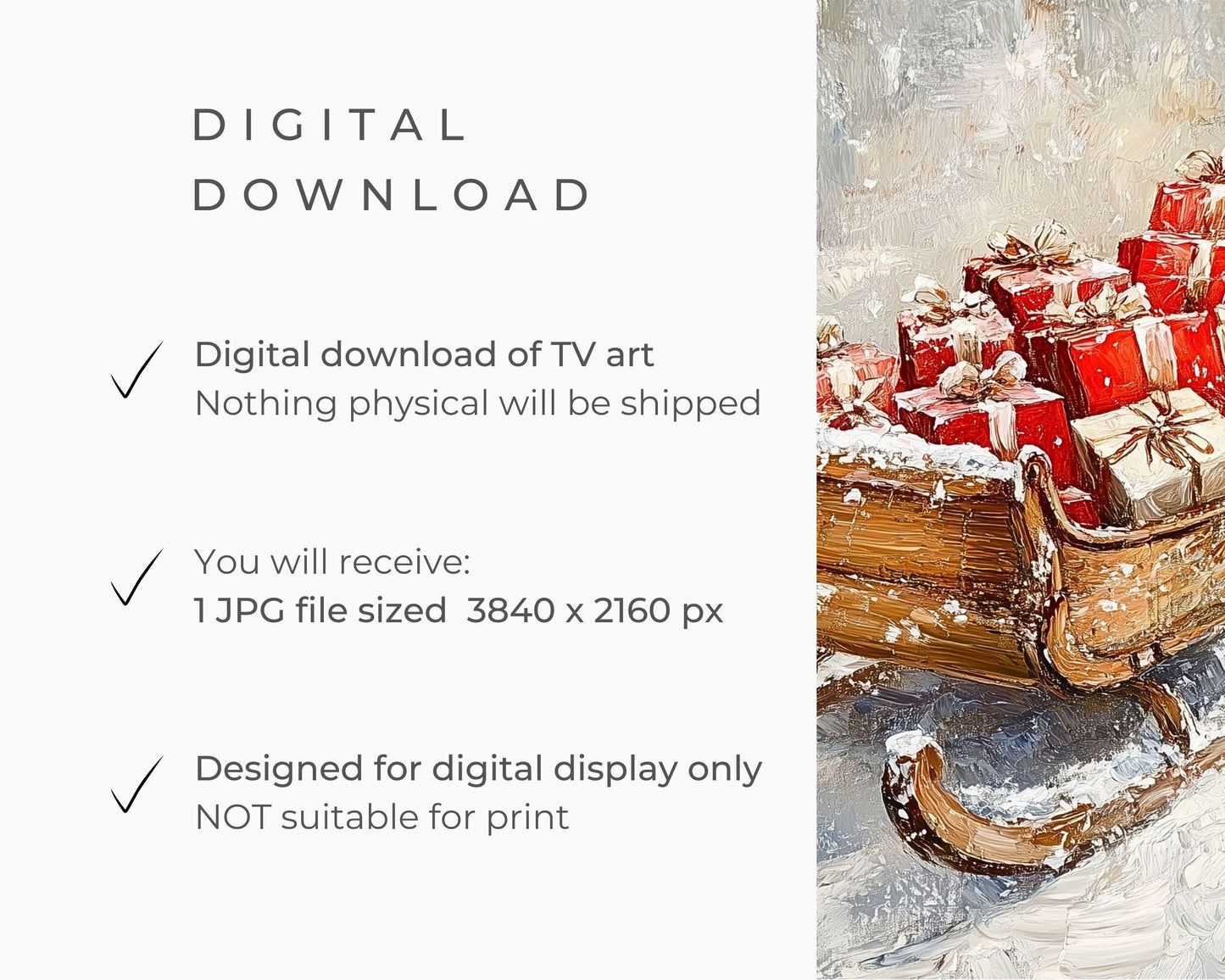 FRAME TV art Gifts in Winter Sleigh, Christmas Frame tv picture, Samsung Frame tv art festive vintage style sleigh with presents | TV552