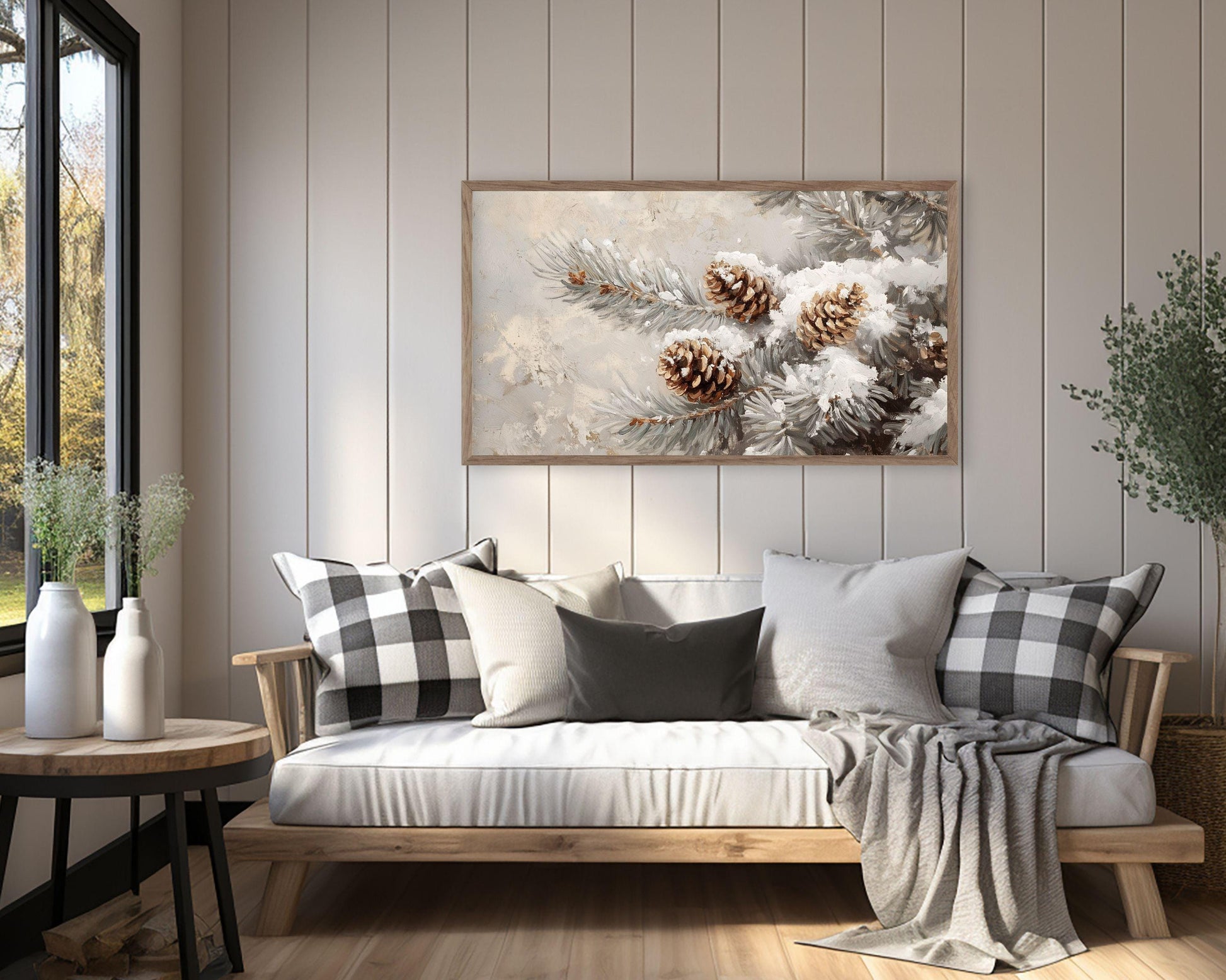 FRAME TV art Pinecones on Tree Branch, Winter Samsung Frame TV art, Farmhouse Christmas painting, Tv art neutral organic brown green | TV546