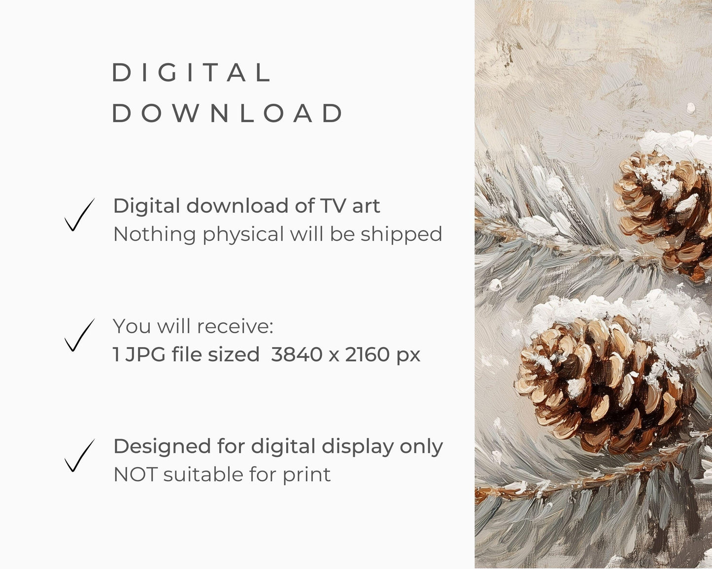 FRAME TV art Pinecones on Tree Branch, Winter Samsung Frame TV art, Farmhouse Christmas painting, Tv art neutral organic brown green | TV546