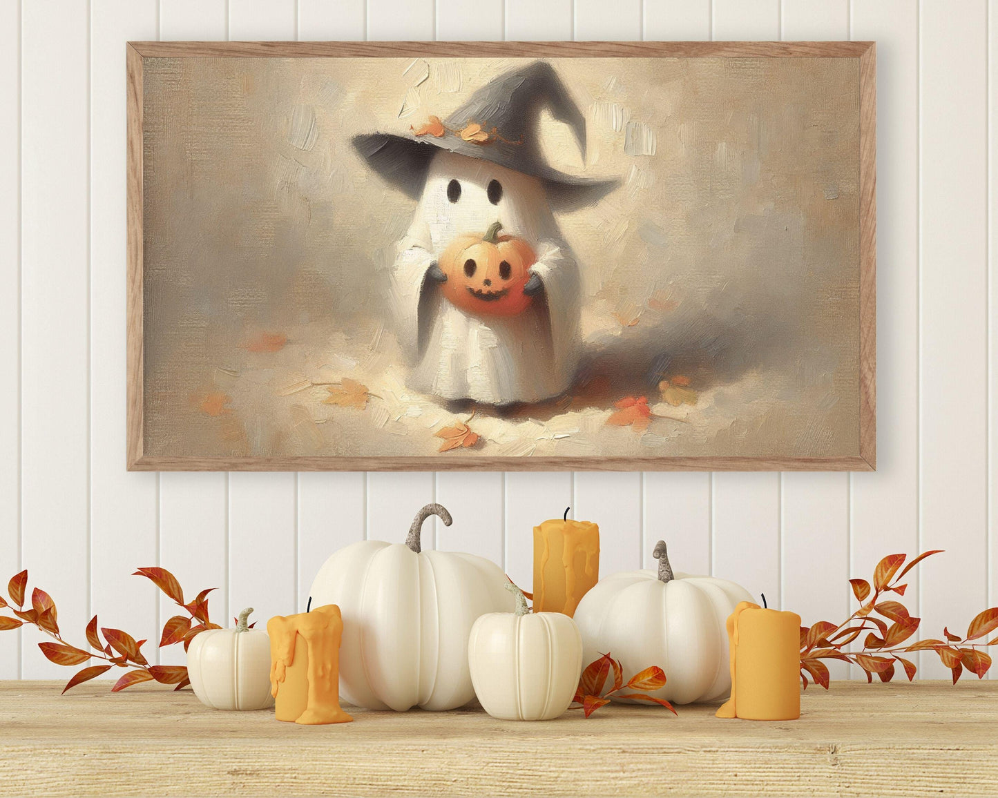 Cute Ghost in Witch's Hat Halloween Frame TV Art