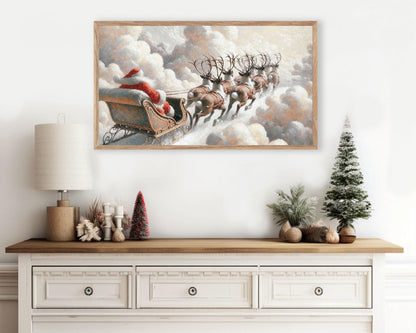 FRAME TV art Santa in Sleigh Flying with Reindeer, Christmas Frame tv pictures, Samsung Frame tv artwork Christmas vintage style | TV555