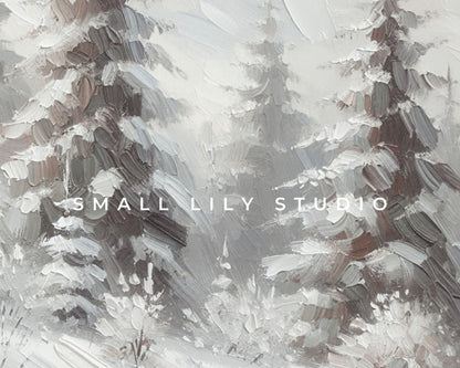 PRINTABLE Winter Forest Print, Vintage Style Pine Trees Wall Art, Neutral Winter Landscape Textured Painting Farmhouse Home Decor | P099