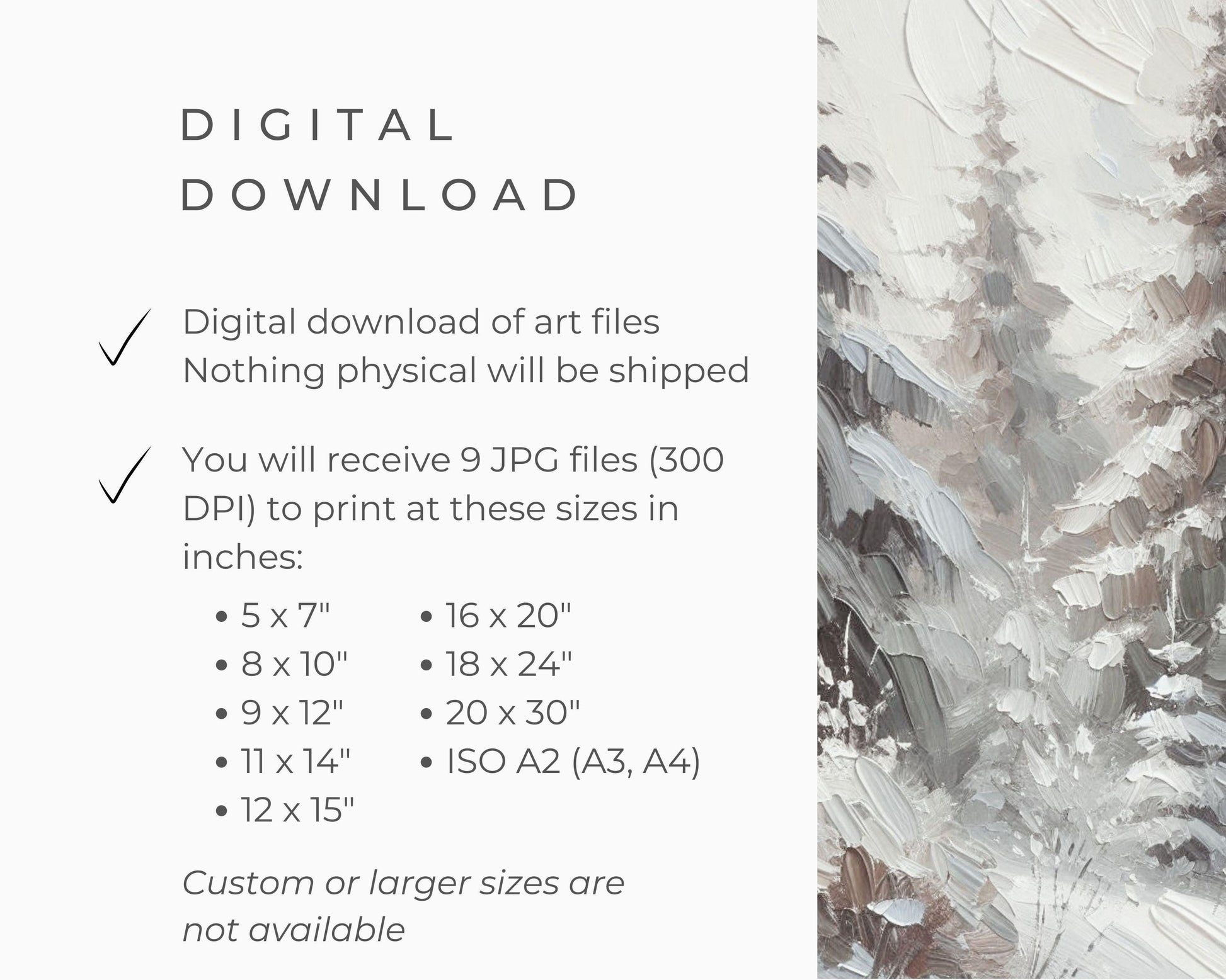 PRINTABLE Winter Forest Print, Vintage Style Pine Trees Wall Art, Neutral Winter Landscape Textured Painting Farmhouse Home Decor | P099