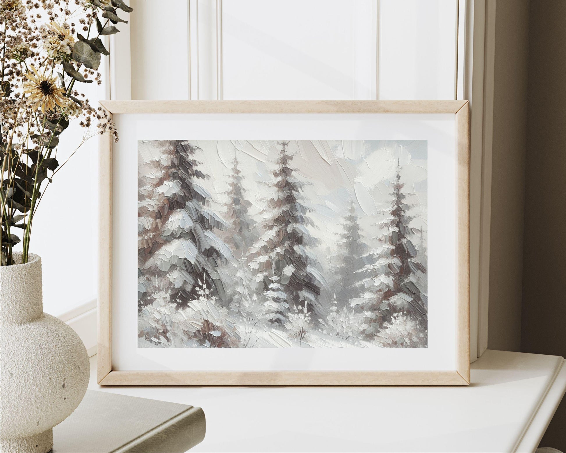 PRINTABLE Winter Forest Print, Vintage Style Pine Trees Wall Art, Neutral Winter Landscape Textured Painting Farmhouse Home Decor | P099