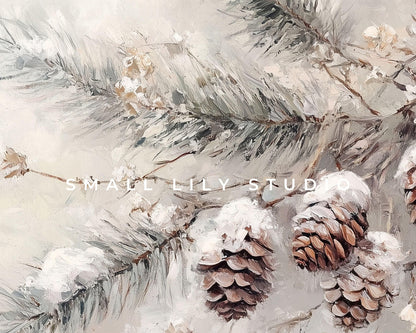 PRINTABLE Pine Cones Print, Vintage Style Wall Art Tree Branch in Snow, Neutral Winter Painting Modern Organic Farmhouse Home Decor | P100