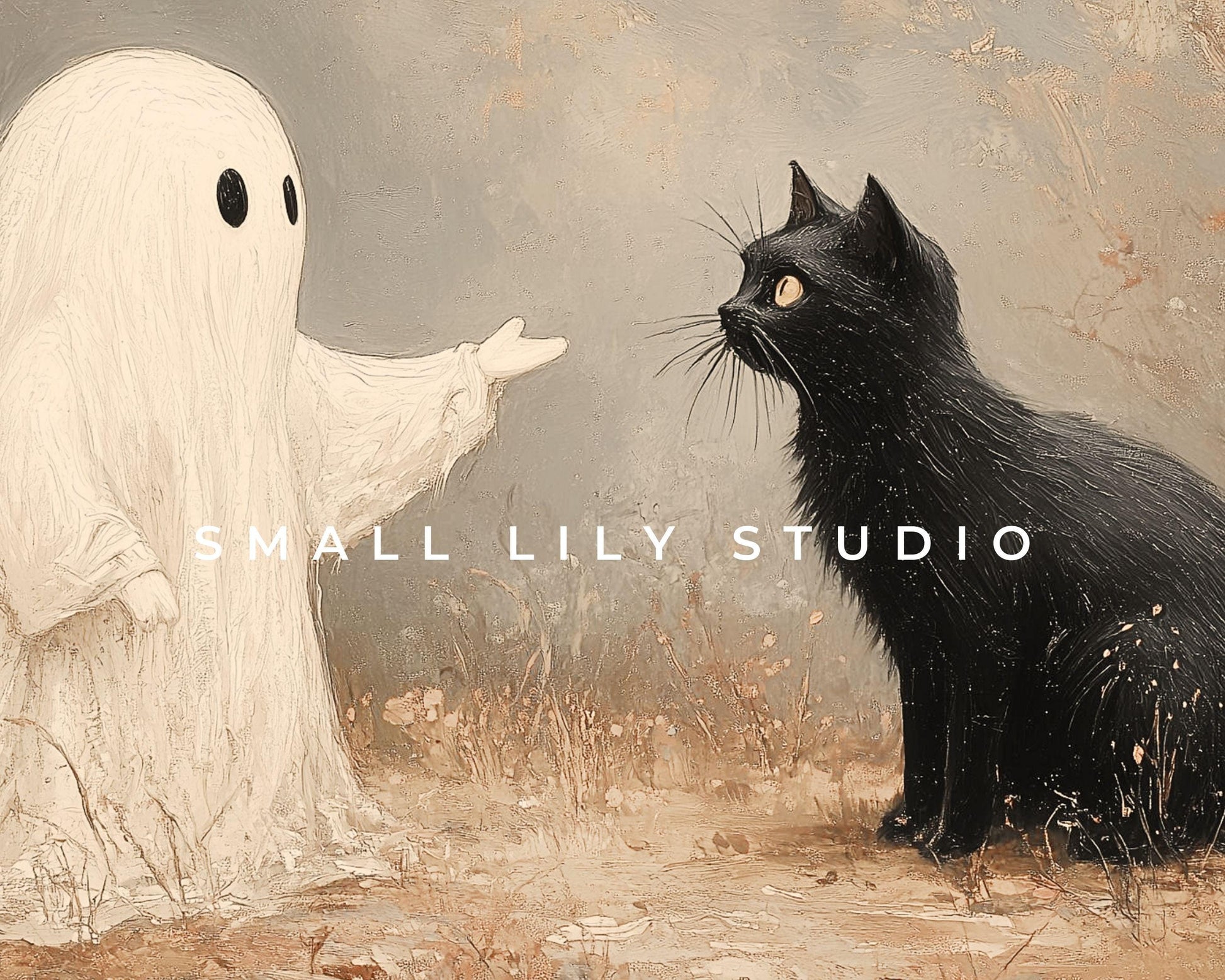 PRINTABLE Halloween Ghost and Black Cat Print, Moody Vintage Style Halloween Wall Art, Spooky Halloween Home Decor Oil Painting | P096