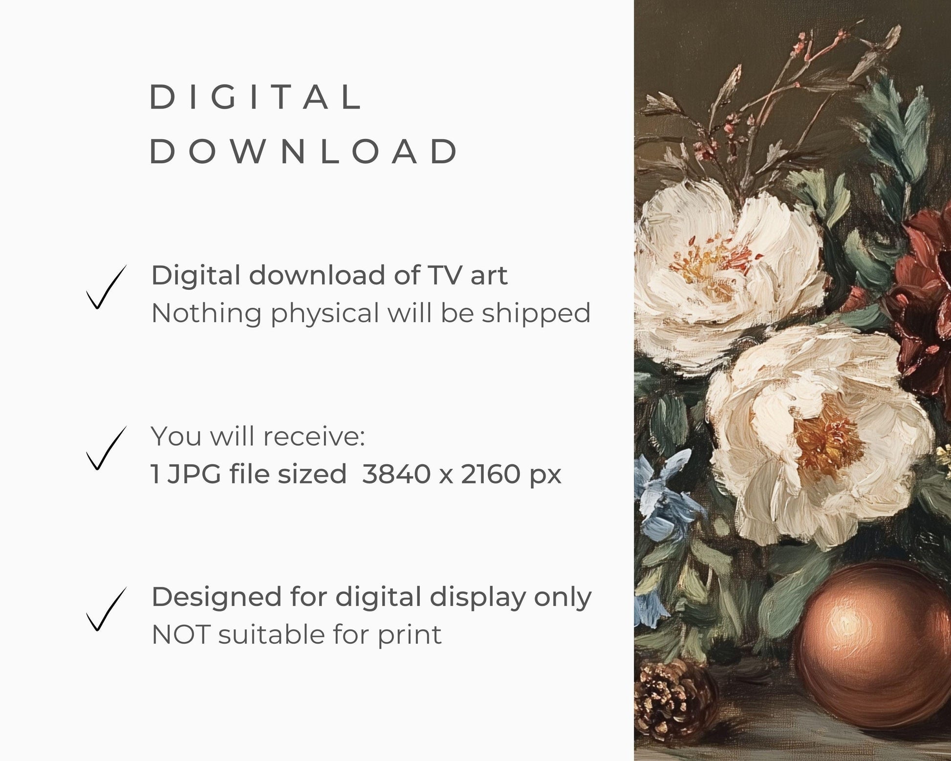 FRAME TV art Moody Fall Florals, Samsung Frame tv art vintage style flower still life painting, Earthy organic Christmas decor | TV535