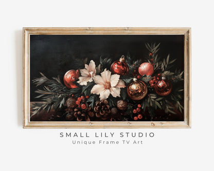 FRAME TV art Moody Christmas Florals, Samsung Frame tv art vintage style flower still life painting, Dark red Christmas decor | TV536