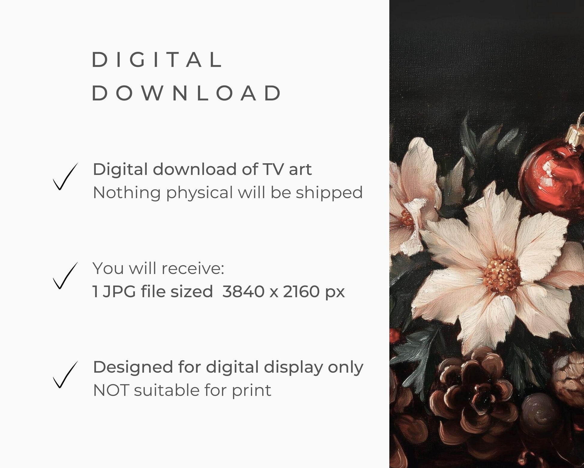 FRAME TV art Moody Christmas Florals, Samsung Frame tv art vintage style flower still life painting, Dark red Christmas decor | TV536