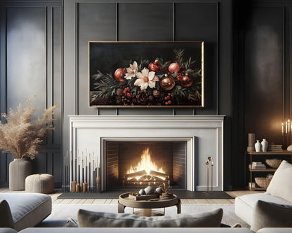 FRAME TV art Moody Christmas Florals, Samsung Frame tv art vintage style flower still life painting, Dark red Christmas decor | TV536