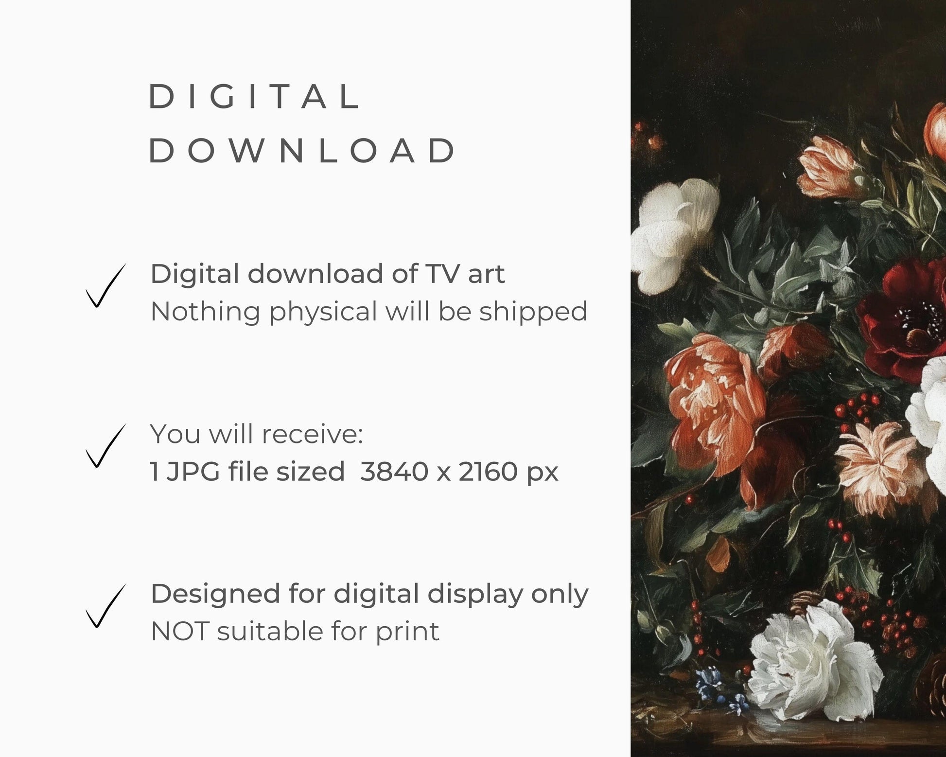 FRAME TV art Moody Flowers and Berries, Samsung Frame tv art vintage style floral still life painting, Dark black Fall Winter decor | TV538