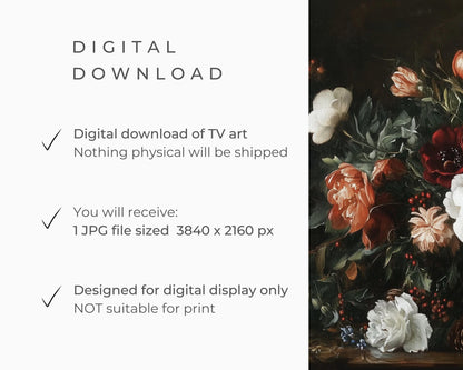 FRAME TV art Moody Flowers and Berries, Samsung Frame tv art vintage style floral still life painting, Dark black Fall Winter decor | TV538