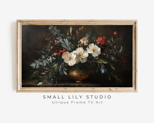 FRAME TV art Moody Fall Floral Still Life, Samsung Frame tv art vintage style flower painting, Dark earthy organic botanical decor | TV539