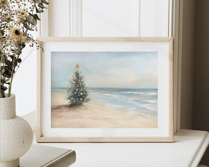 PRINTABLE Coastal Christmas Print, Wall Art Christmas Tree on Beach Vintage Style Painting, Seaside ocean print beach house wall art | P102