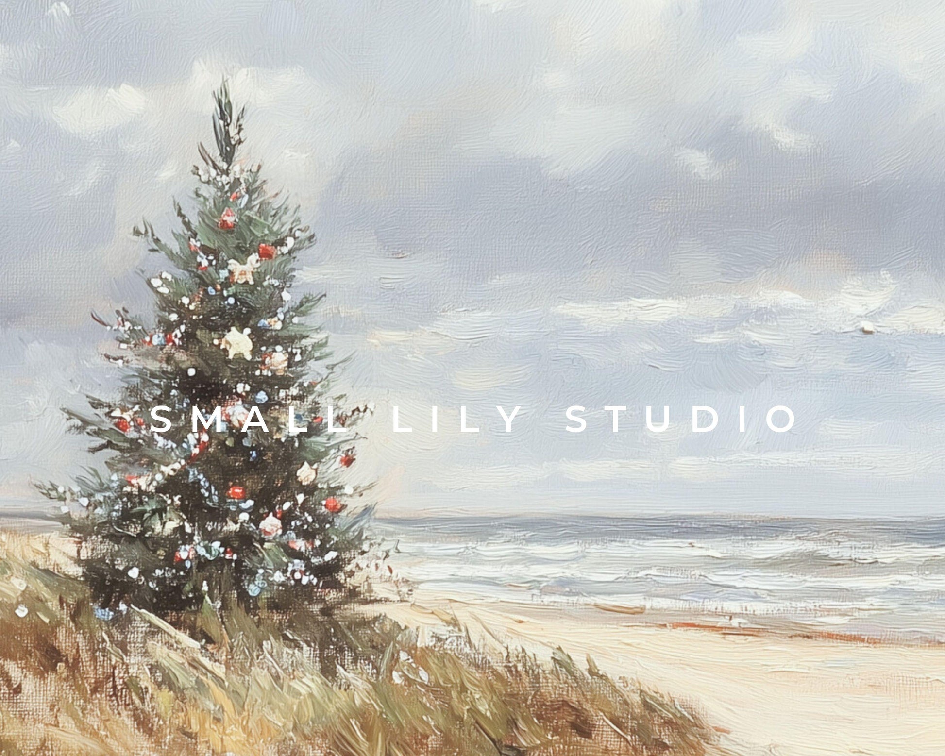 PRINTABLE Coastal Christmas Print, Wall Art Christmas Tree on Beach Vintage Style Painting, Seaside ocean print beach house wall art | P103