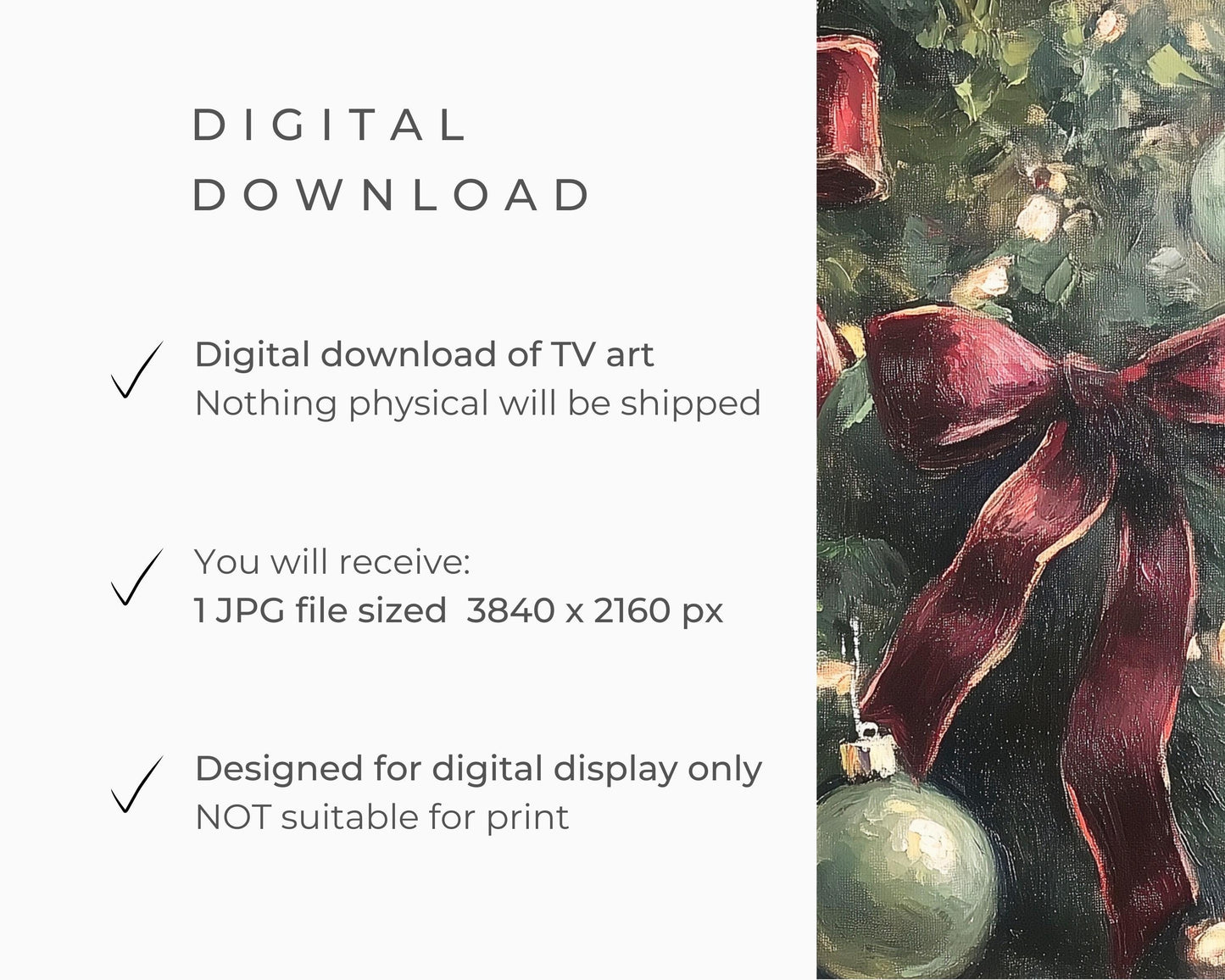 FRAME TV Art Christmas Tree with Burgundy Bows, Samsung Frame Tv Art Christmas Moody Vintage style painting red ribbons traditional | TV563