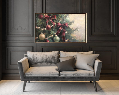 FRAME TV Art Christmas Tree with Burgundy Bows, Samsung Frame Tv Art Christmas Moody Vintage style painting red ribbons traditional | TV563