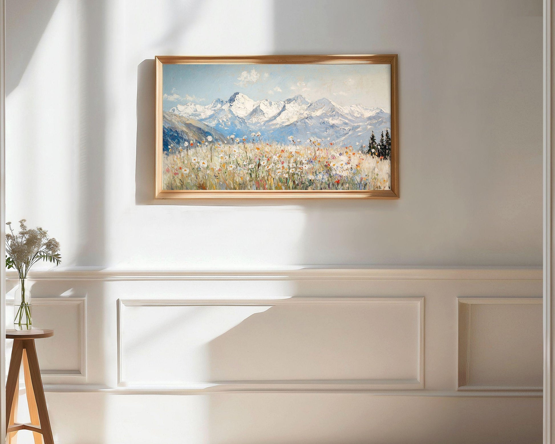 FRAME TV Art Winter Wildflowers, Samsung Frame TV Art Swiss Alps Snowy Mountains, Vintage Style Textured Landscape Painting | TV527