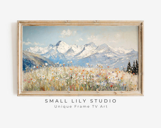 FRAME TV Art Winter Wildflowers, Samsung Frame TV Art Swiss Alps Snowy Mountains, Vintage Style Textured Landscape Painting | TV527