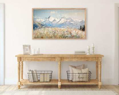 FRAME TV Art Winter Wildflowers, Samsung Frame TV Art Swiss Alps Snowy Mountains, Vintage Style Textured Landscape Painting | TV527