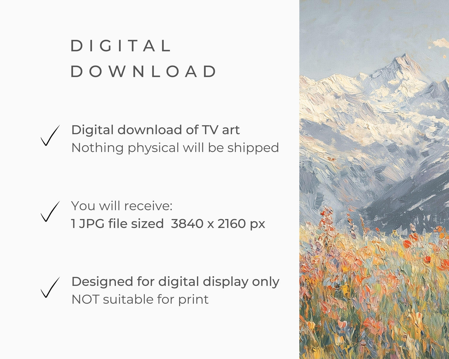 FRAME TV Art Red Alpine Wildflowers, Winter Samsung Frame TV Art Swiss Snowy Mountains, Vintage Style Textured Landscape Painting | TV529