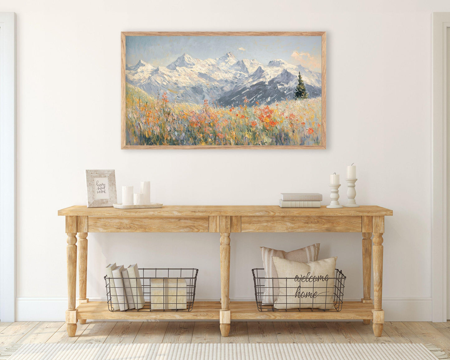 FRAME TV Art Red Alpine Wildflowers, Winter Samsung Frame TV Art Swiss Snowy Mountains, Vintage Style Textured Landscape Painting | TV529