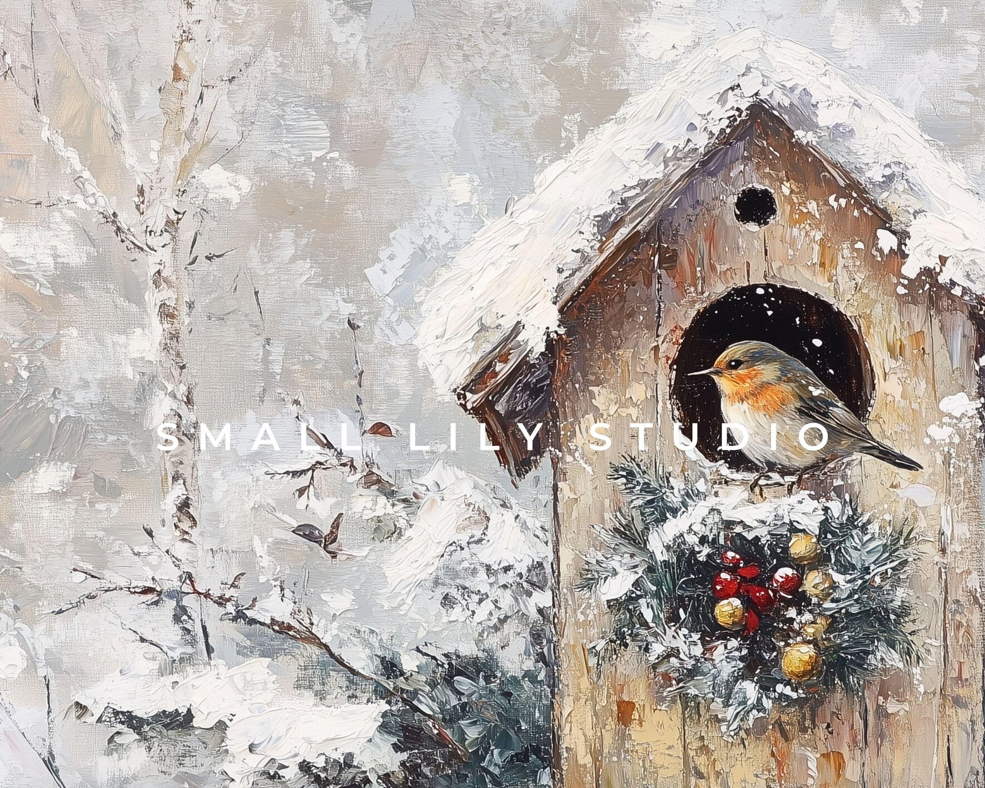 FRAME TV art Christmas Birdhouse in Snow, Neutral Winter Samsung Frame tv art vintage painting style, Cute red bird picture for kids | TV557