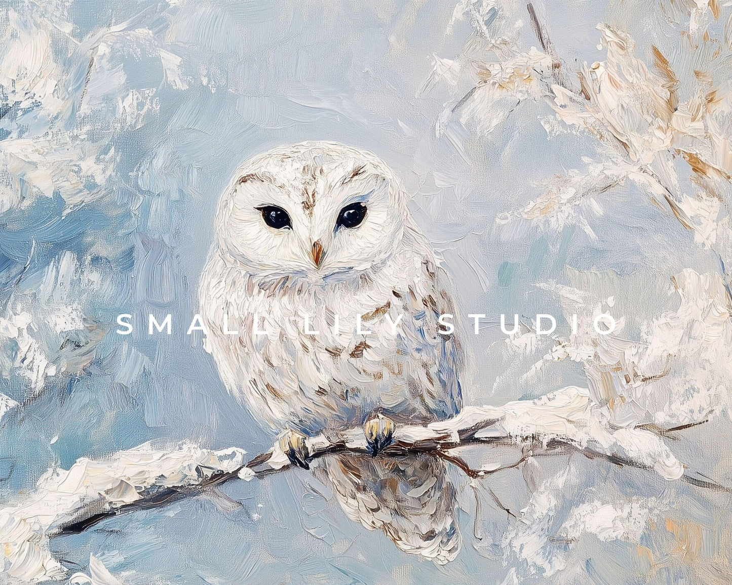 FRAME TV art Cute Snowy Owl in Winter Landscape, Pale Blue White Winter Tv art, Vintage style bird painting Samsung Frame tv art | TV558