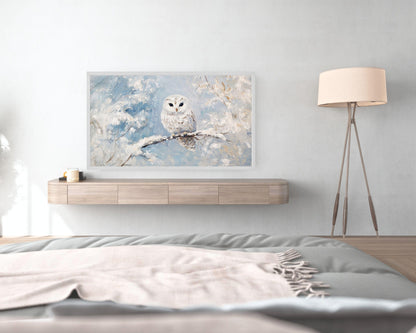 FRAME TV art Cute Snowy Owl in Winter Landscape, Pale Blue White Winter Tv art, Vintage style bird painting Samsung Frame tv art | TV558