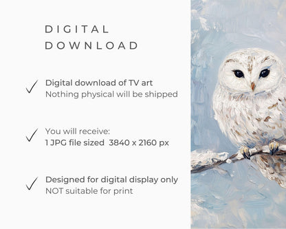 FRAME TV art Cute Snowy Owl in Winter Landscape, Pale Blue White Winter Tv art, Vintage style bird painting Samsung Frame tv art | TV558