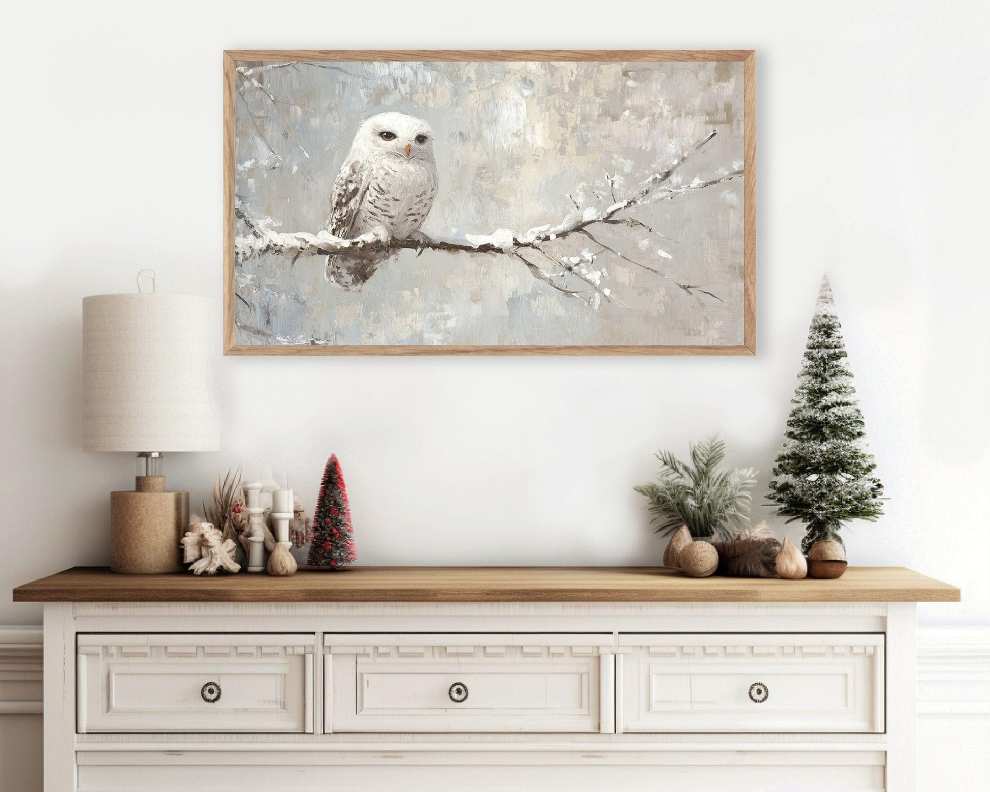 FRAME TV art Cute White Owl in Winter Landscape, Neutral Snowy Owl Tv artwork, Vintage style bird painting Samsung Frame tv art | TV559