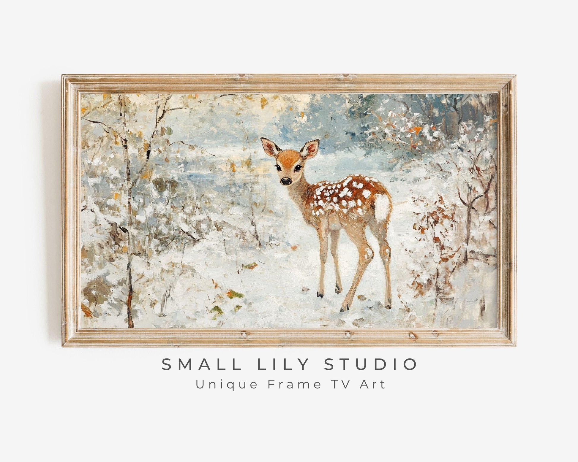 FRAME TV art Baby Deer in Snow, Neutral Winter Samsung Frame tv art vintage painting style, Cute animal TV screensaver for kids | TV560