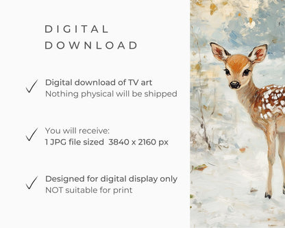 FRAME TV art Baby Deer in Snow, Neutral Winter Samsung Frame tv art vintage painting style, Cute animal TV screensaver for kids | TV560