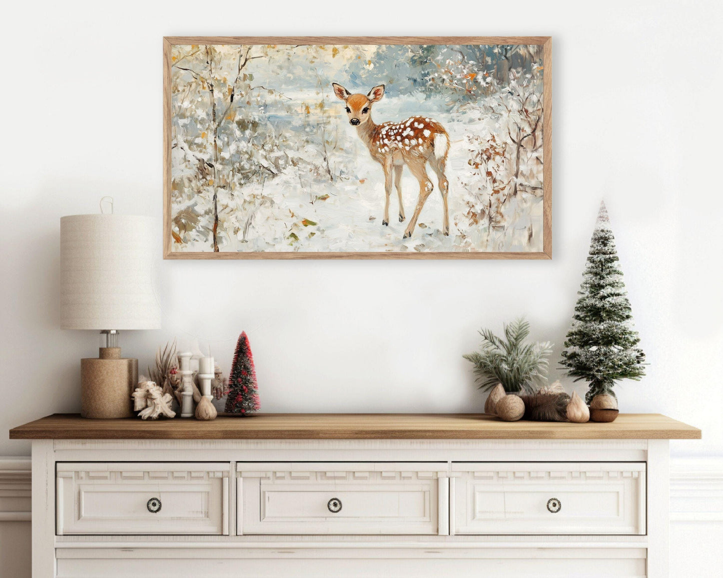 FRAME TV art Baby Deer in Snow, Neutral Winter Samsung Frame tv art vintage painting style, Cute animal TV screensaver for kids | TV560