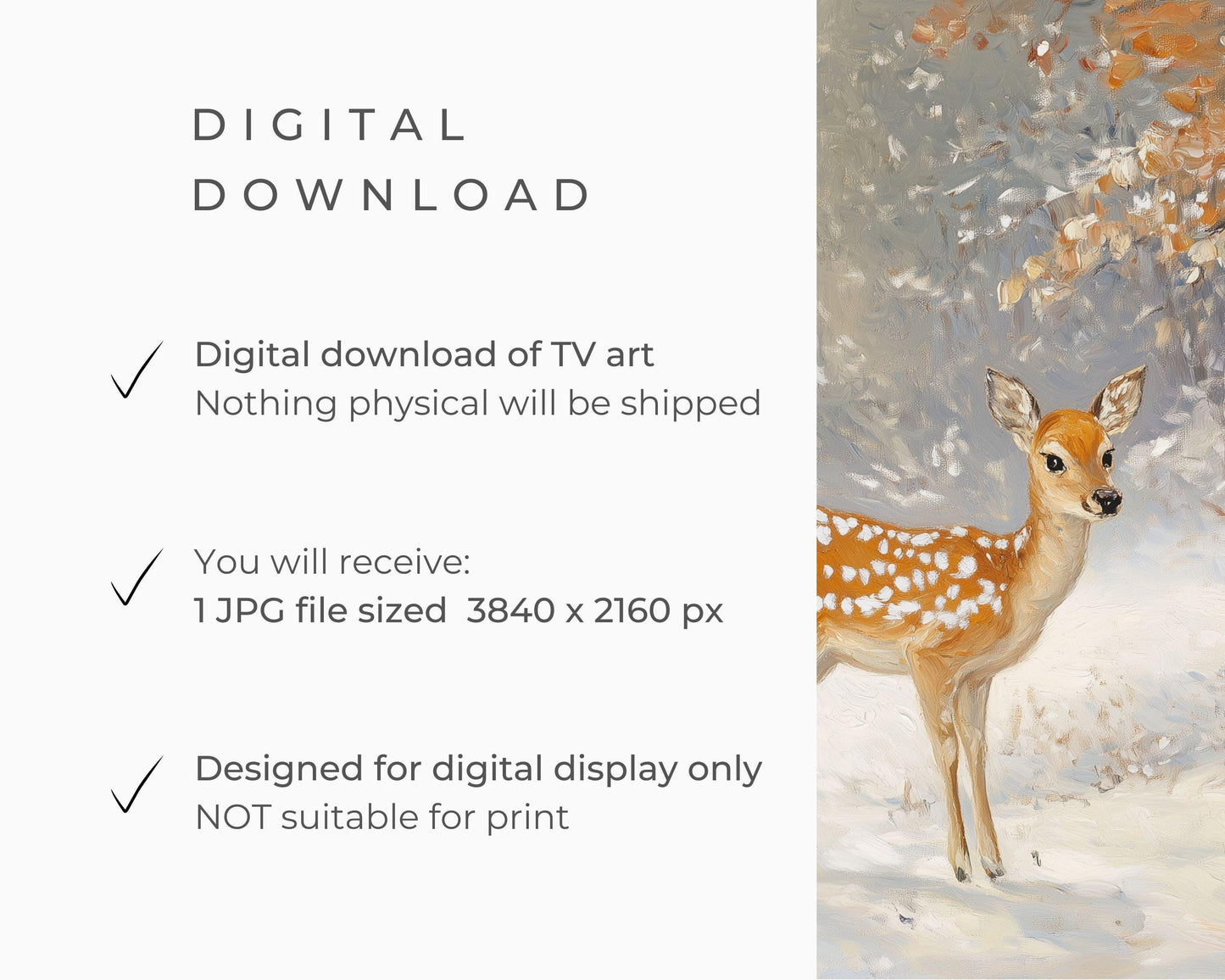 FRAME TV art Baby Deer in Winter Landscape, Neutral Samsung Frame tv art vintage painting style, Cute animal TV screensaver for kids | TV561