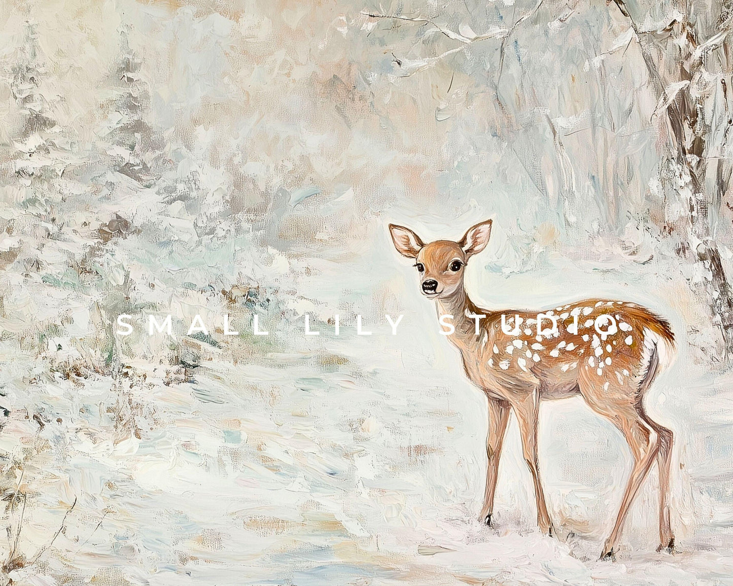 FRAME TV art Baby Deer in Forest, Neutral Winter Samsung Frame tv art vintage painting style, Cute whimsical animal TV art for kids | TV562