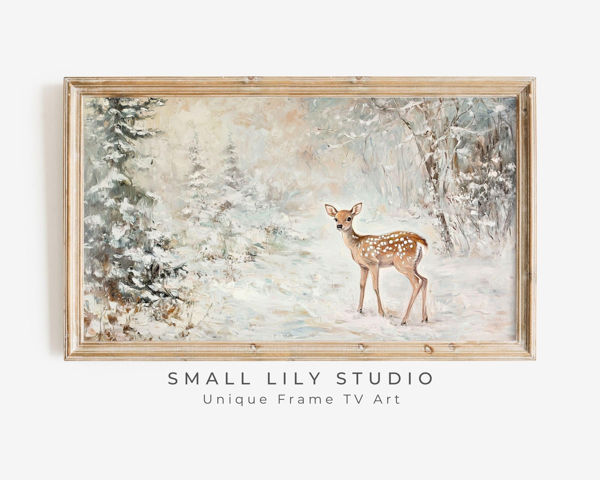 FRAME TV art Baby Deer in Forest, Neutral Winter Samsung Frame tv art vintage painting style, Cute whimsical animal TV art for kids | TV562