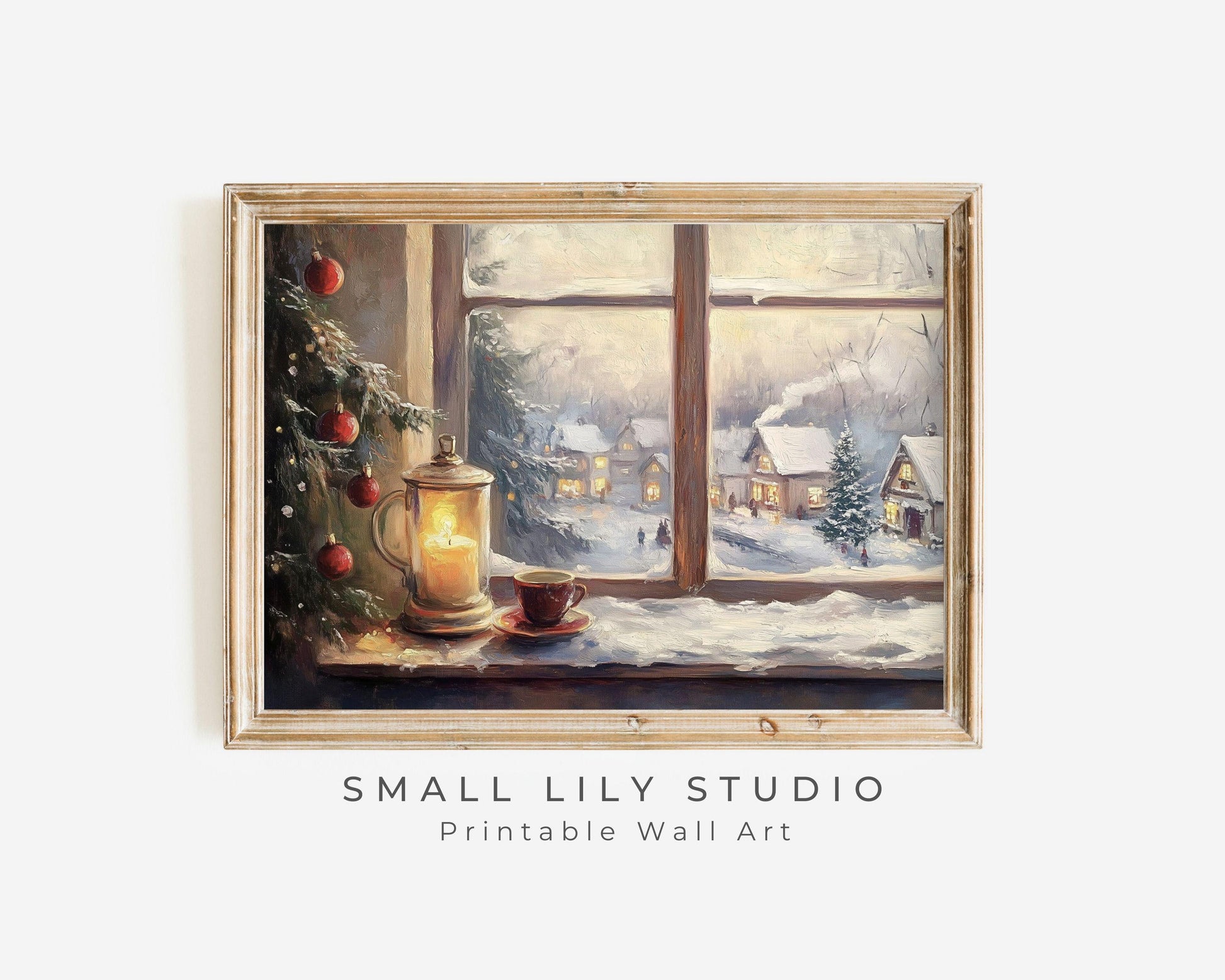 PRINTABLE Cozy Christmas Window Print, Vintage Style Painting Festive Winter Interior Scene, Christmas Printable Wall Art Horizontal | P104