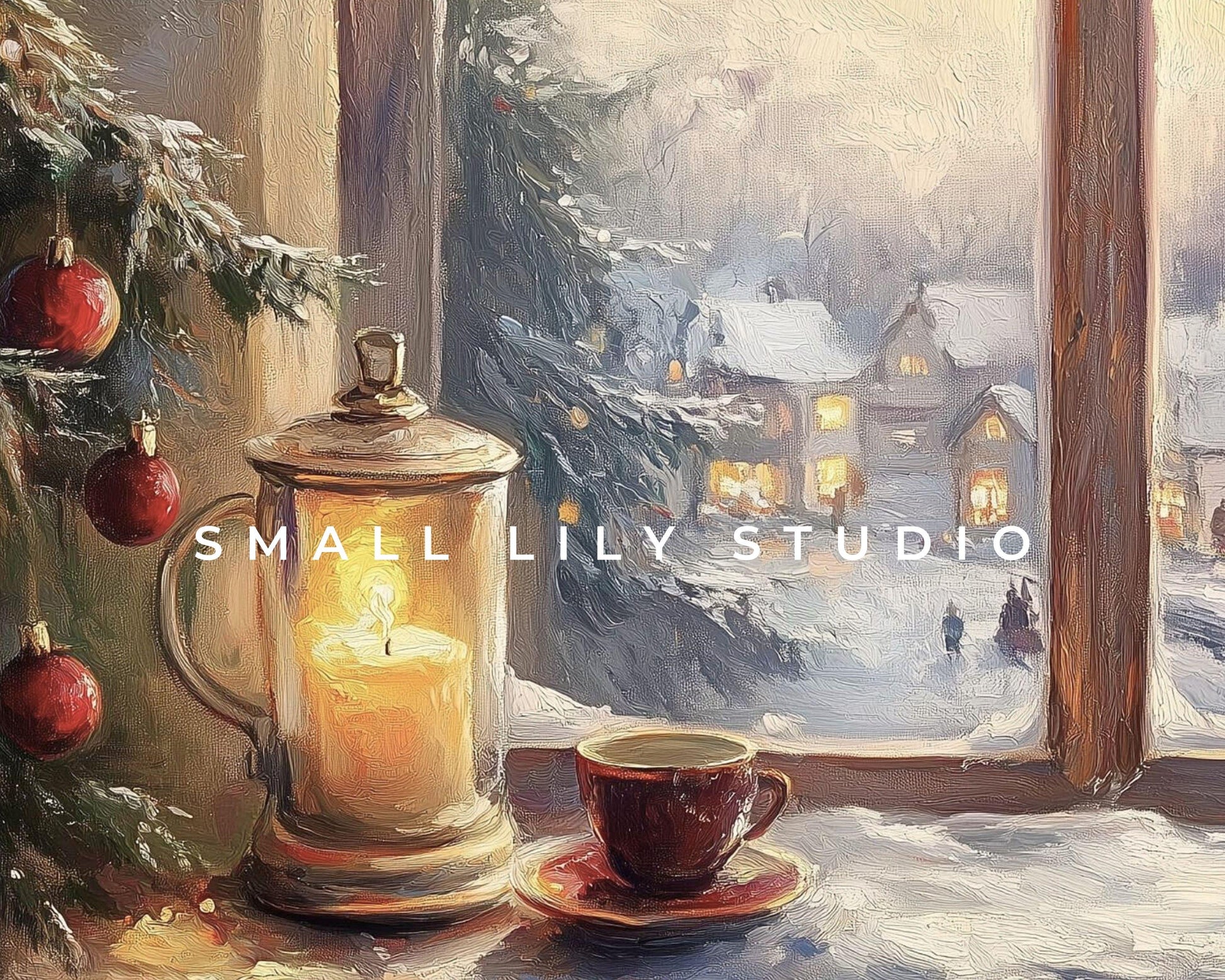 PRINTABLE Cozy Christmas Window Print, Vintage Style Painting Festive Winter Interior Scene, Christmas Printable Wall Art Horizontal | P104