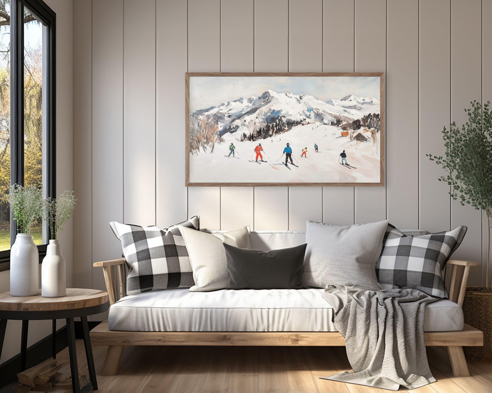 FRAME TV art Skiing in the Alps, Samsung Frame tv art Colorful Skiers, Winter Holidays in Snowy Mountains vintage style painting | TV524