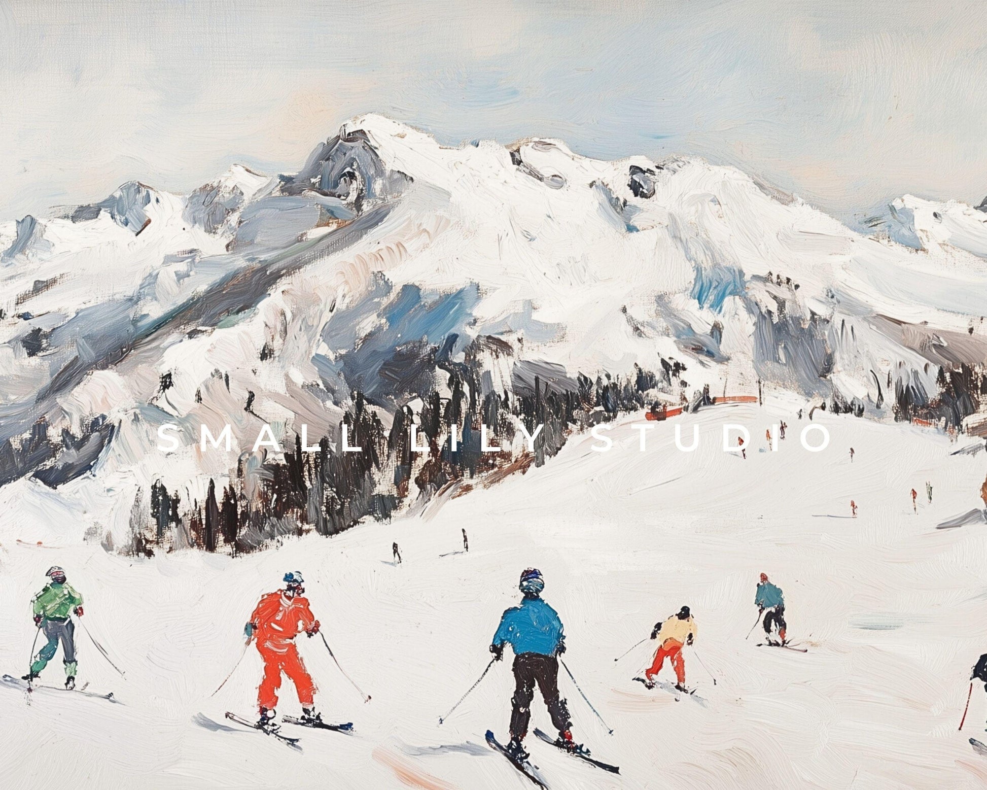 FRAME TV art Skiing in the Alps, Samsung Frame tv art Colorful Skiers, Winter Holidays in Snowy Mountains vintage style painting | TV524