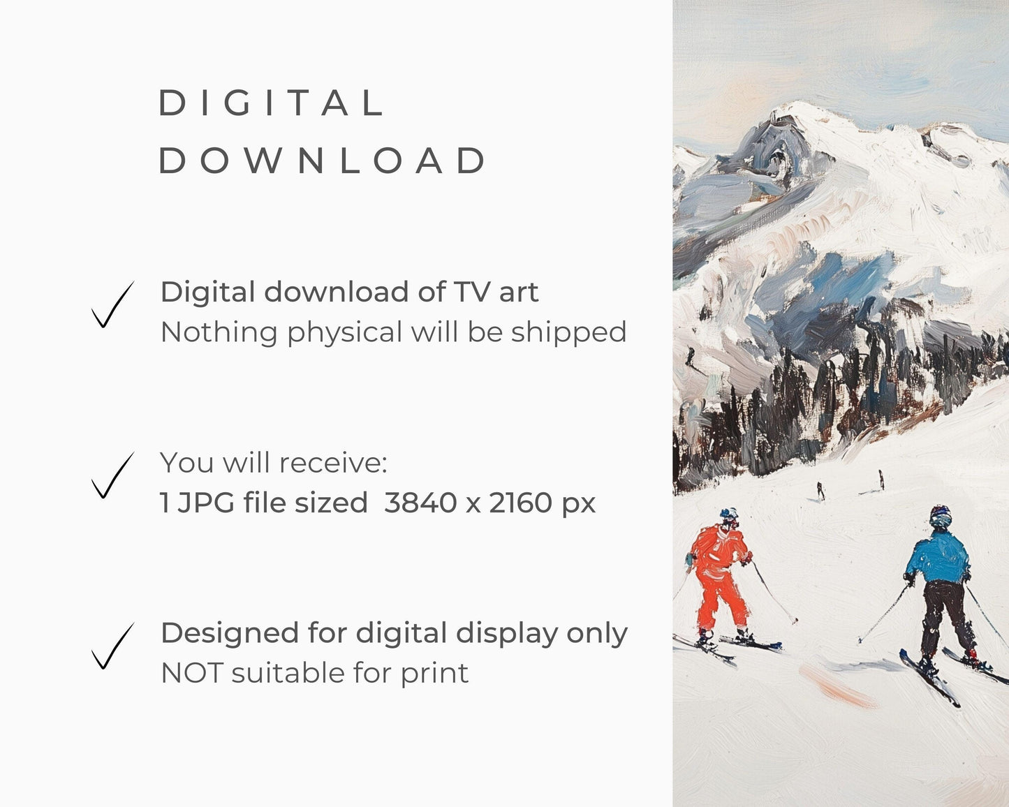 FRAME TV art Skiing in the Alps, Samsung Frame tv art Colorful Skiers, Winter Holidays in Snowy Mountains vintage style painting | TV524