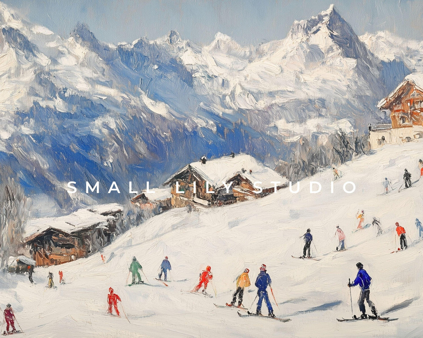 FRAME TV art Skiing Holiday, Samsung Frame tv art Colorful Skiers, Winter in Snowy Mountains vintage style painting Swiss Alps | TV525