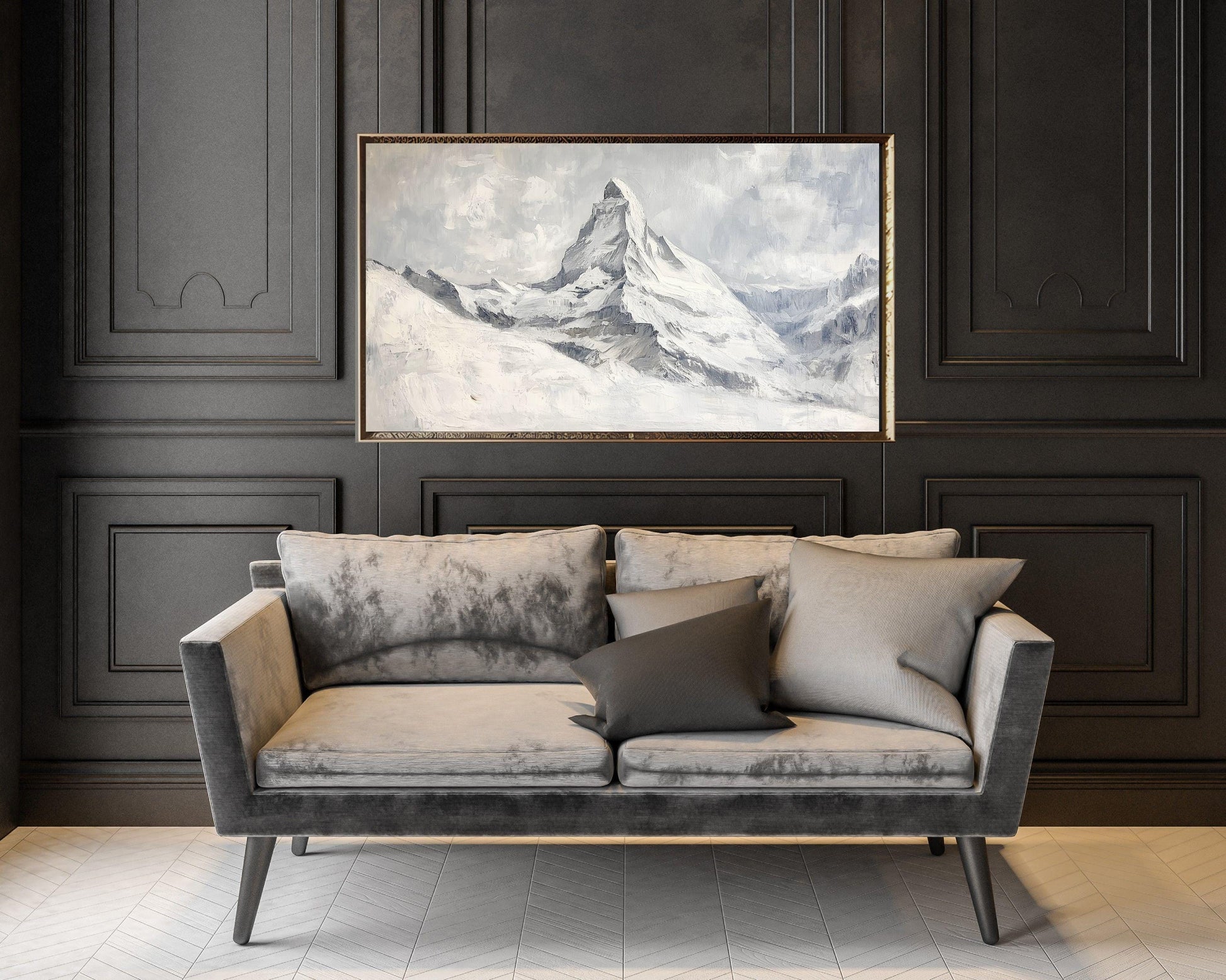 FRAME TV art Matterhorn Switzerland, Samsung Frame Tv art Winter Mountain Landscape, Textrued neutral vintage style painting white | TV526