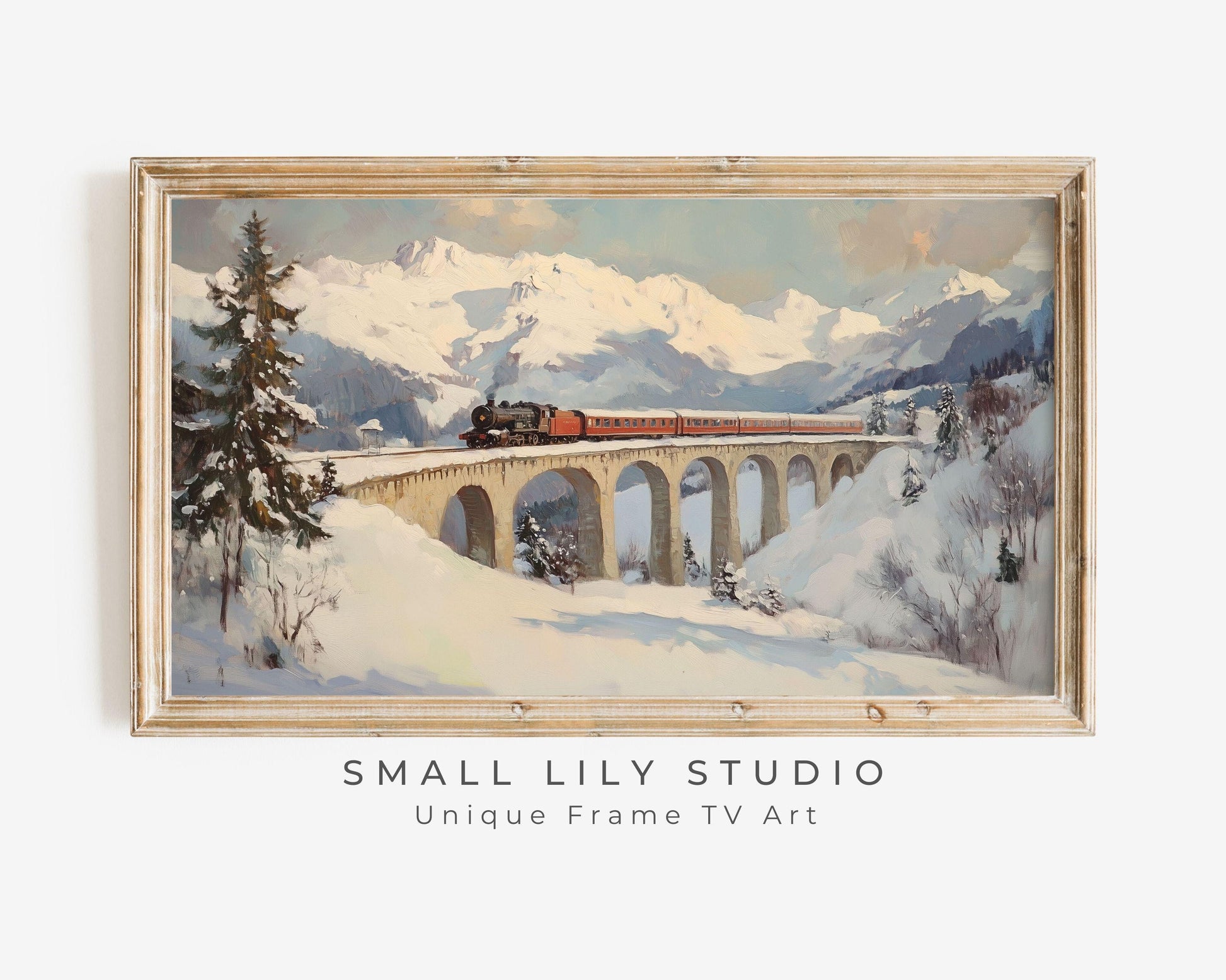 FRAME TV art Winter Train, Samsung Frame Tv art Swiss Alps Landscape, Retro vintage style holidays painting tv art screensaver | TV526