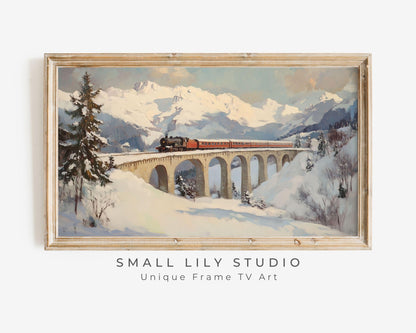 FRAME TV art Winter Train, Samsung Frame Tv art Swiss Alps Landscape, Retro vintage style holidays painting tv art screensaver | TV526