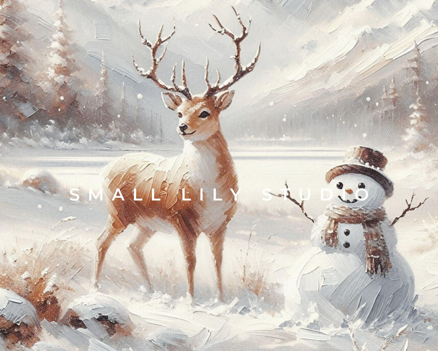 PRINTABLE Deer and Snowman Print, Cute Christmas Wall Art for Kids Room, Neutral Festive Winter Landscape Painting Whimsical Picture | P107