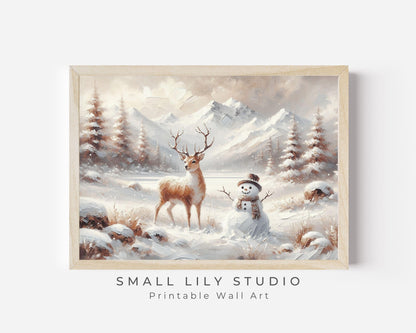 PRINTABLE Deer and Snowman Print, Cute Christmas Wall Art for Kids Room, Neutral Festive Winter Landscape Painting Whimsical Picture | P107